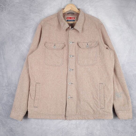 All-Son Shirt Jacket Mens Large Brown Heavy Denim Button Up Overshirt Workwear - Picture 1 of 16